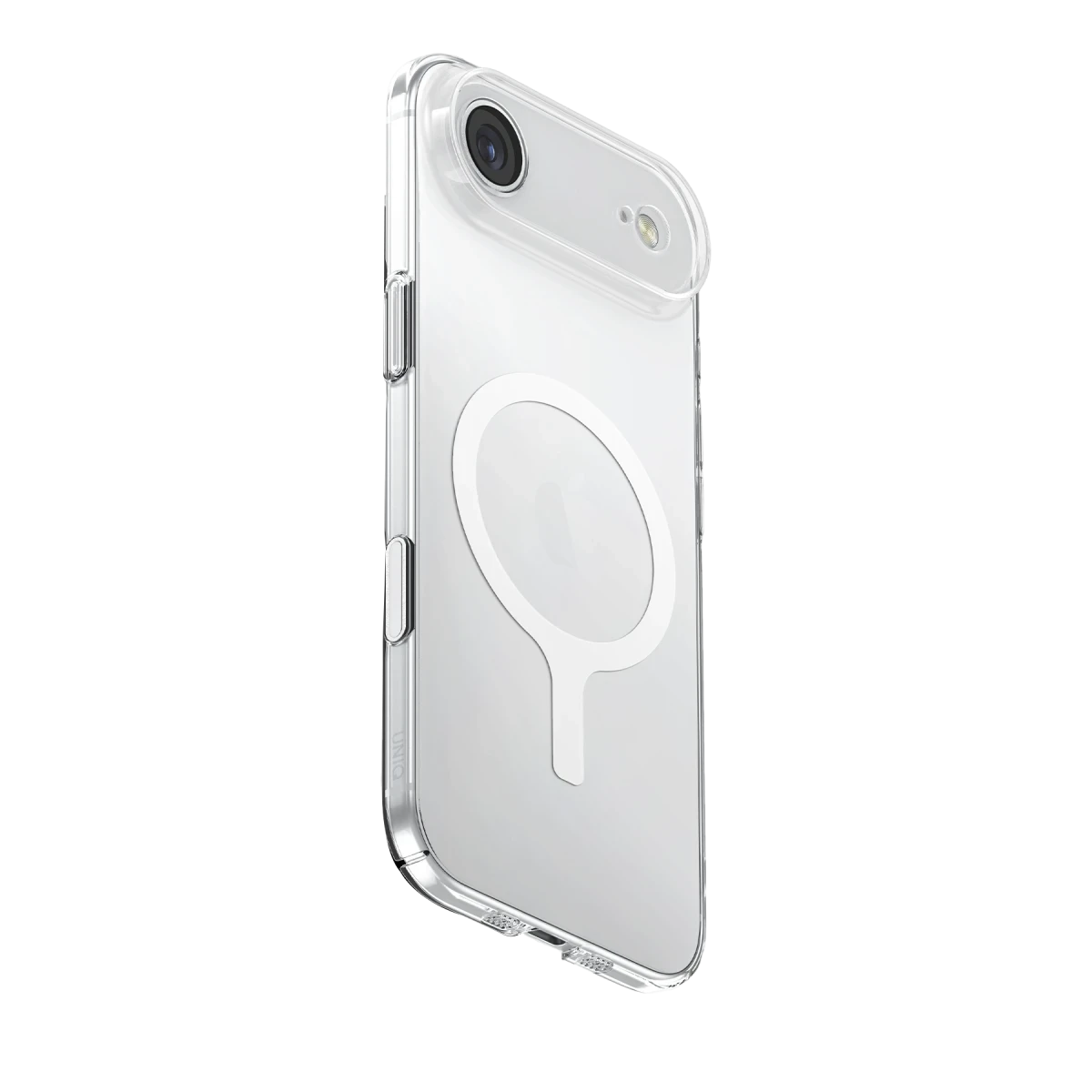 MagSafe halkalı şeffaf telefon kılıfı, siyah arka plan.