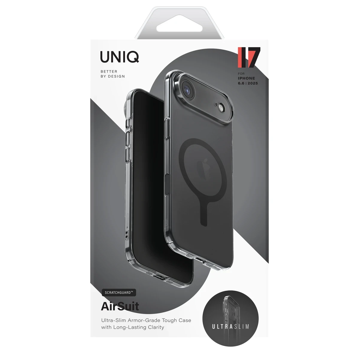 MagSafe halkalı şeffaf iPhone kılıfı, UNIQ AirSuit logosu.