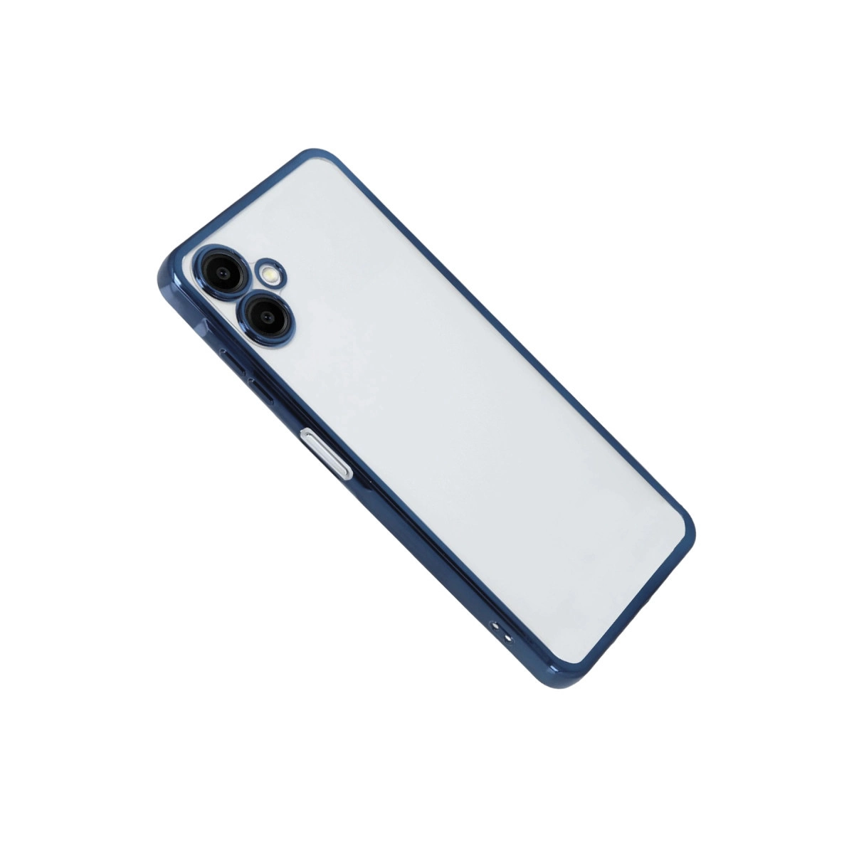 Mavi kenarlı ve kamera modüllü şeffaf telefon kılıfı.