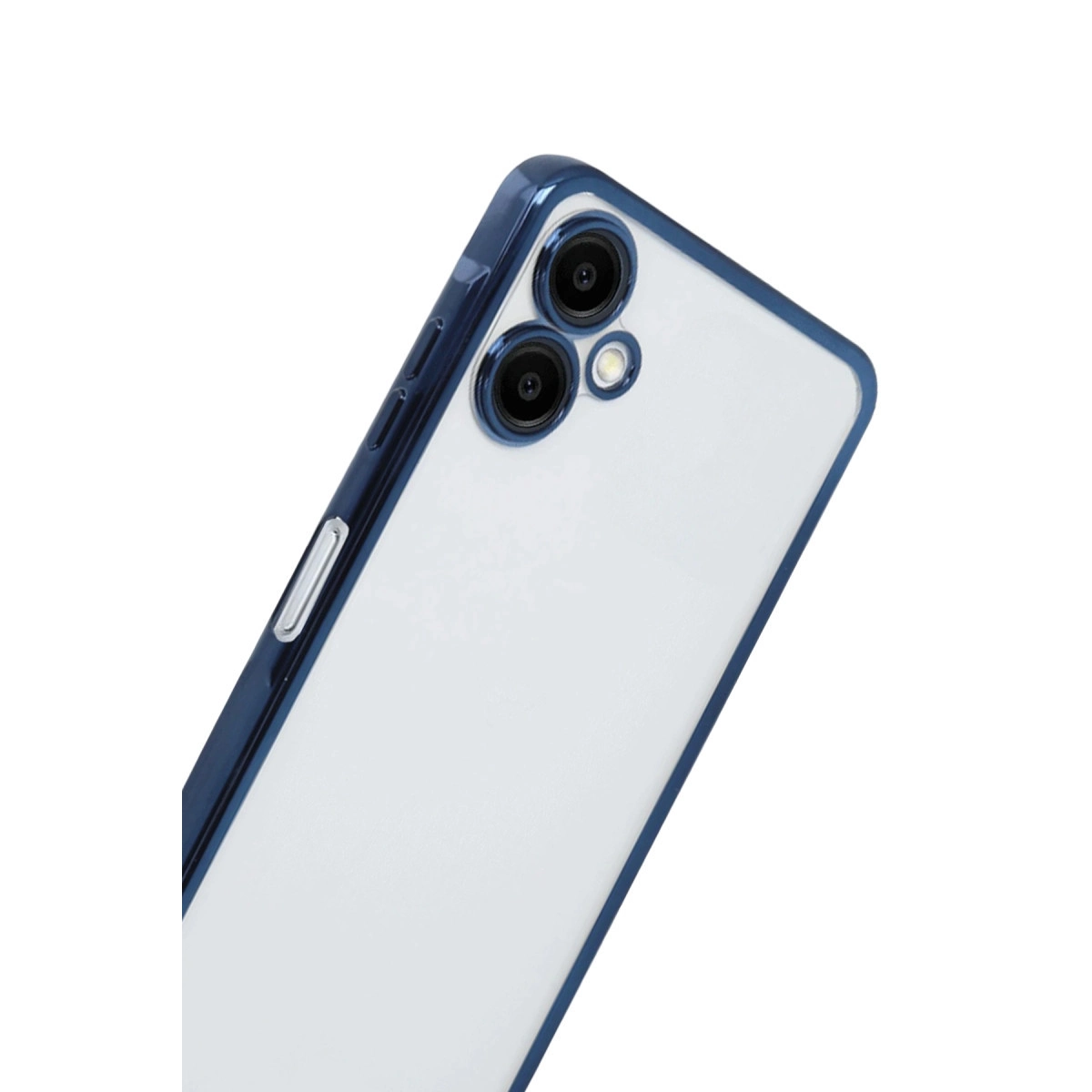Mavi kenarlı ve iki kameralı akıllı telefonun arkası.