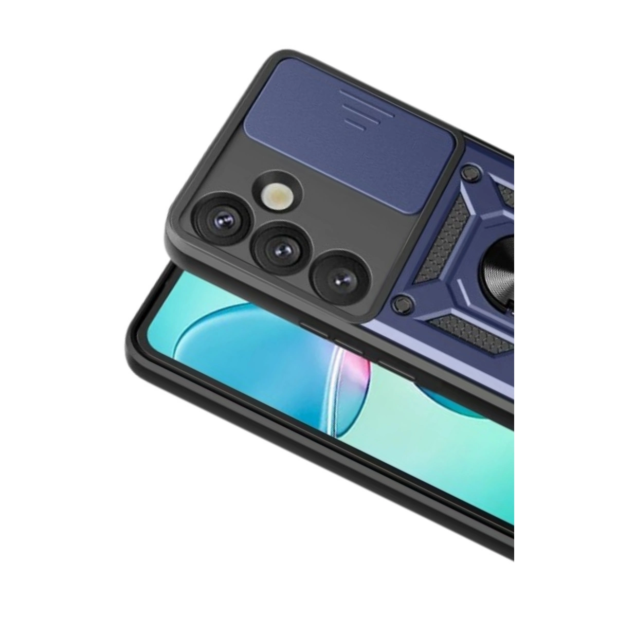 Kamera kapaklı ve halka tutuculu mavi telefon kılıfı.