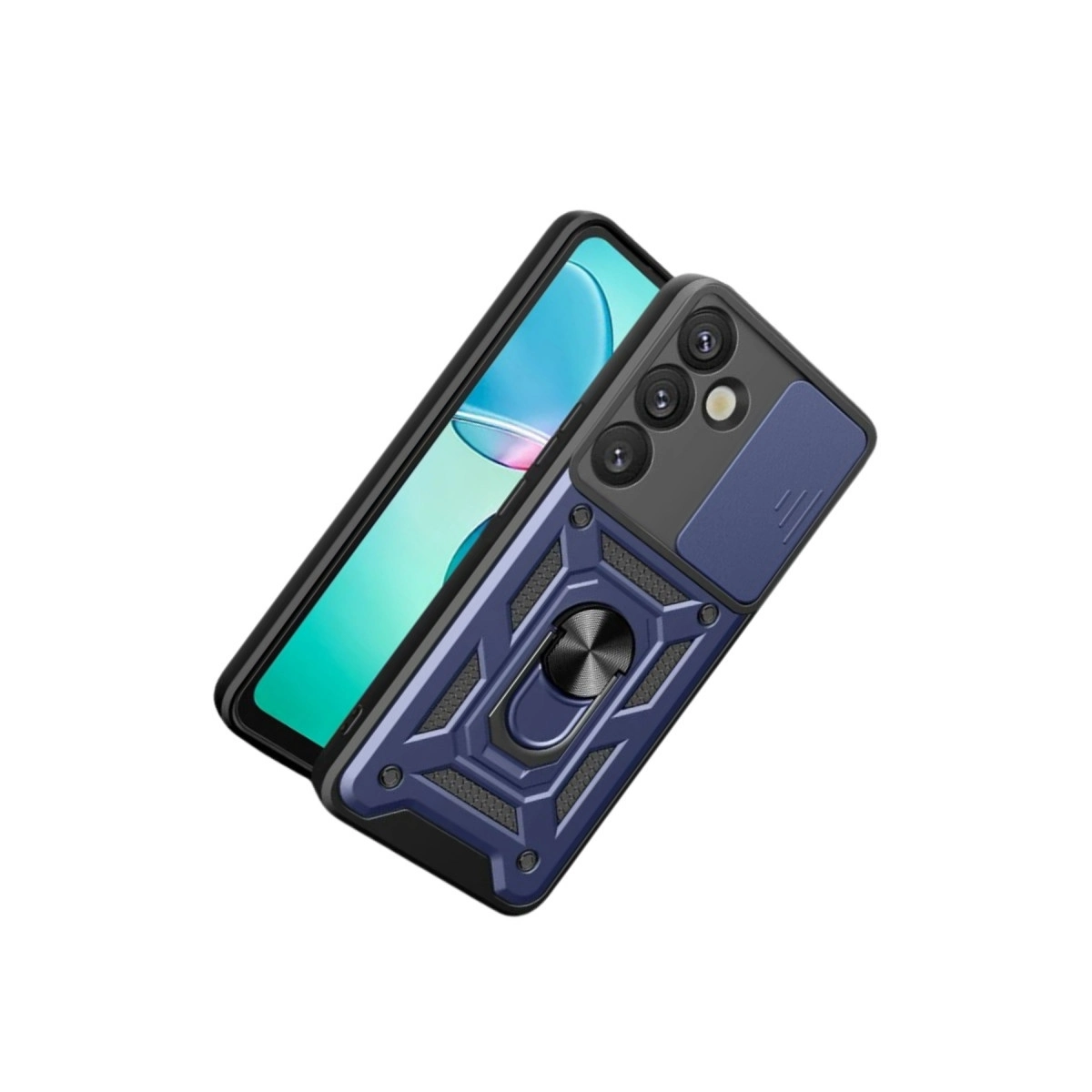 Halka tutuculu ve kamera kaydırıcılı mavi telefon kılıfı.