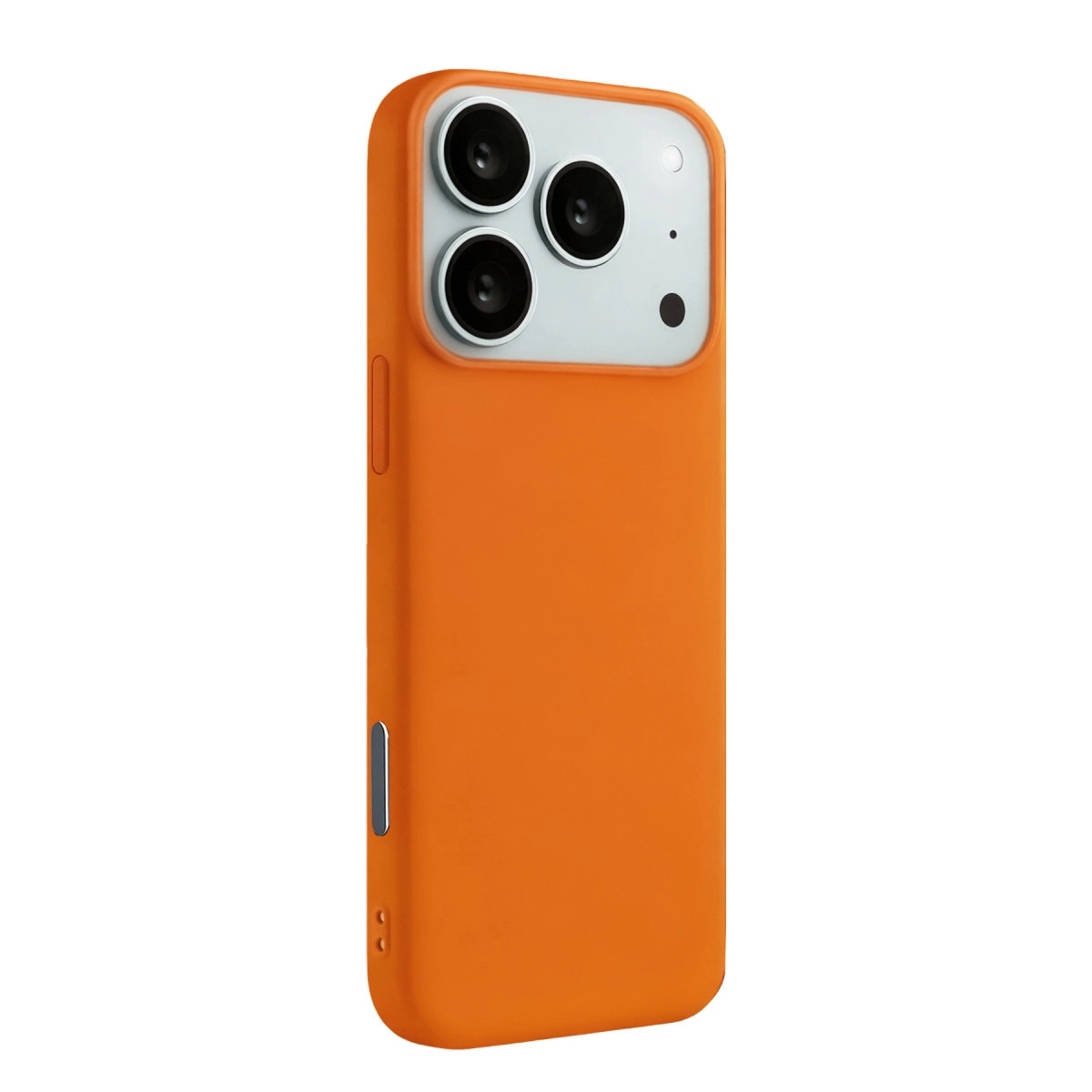 Beyaz arka plan üzerinde üç kamera lensi ve flaşa sahip turuncu iPhone kılıfı.