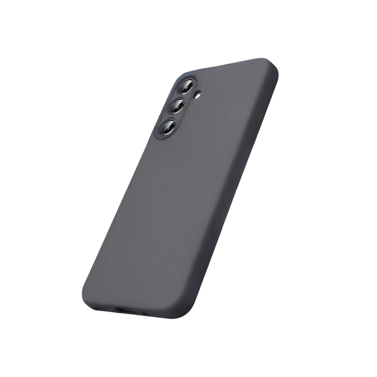 Beyaz arka plan üzerinde üç kamera lensli gri telefon kılıfı.