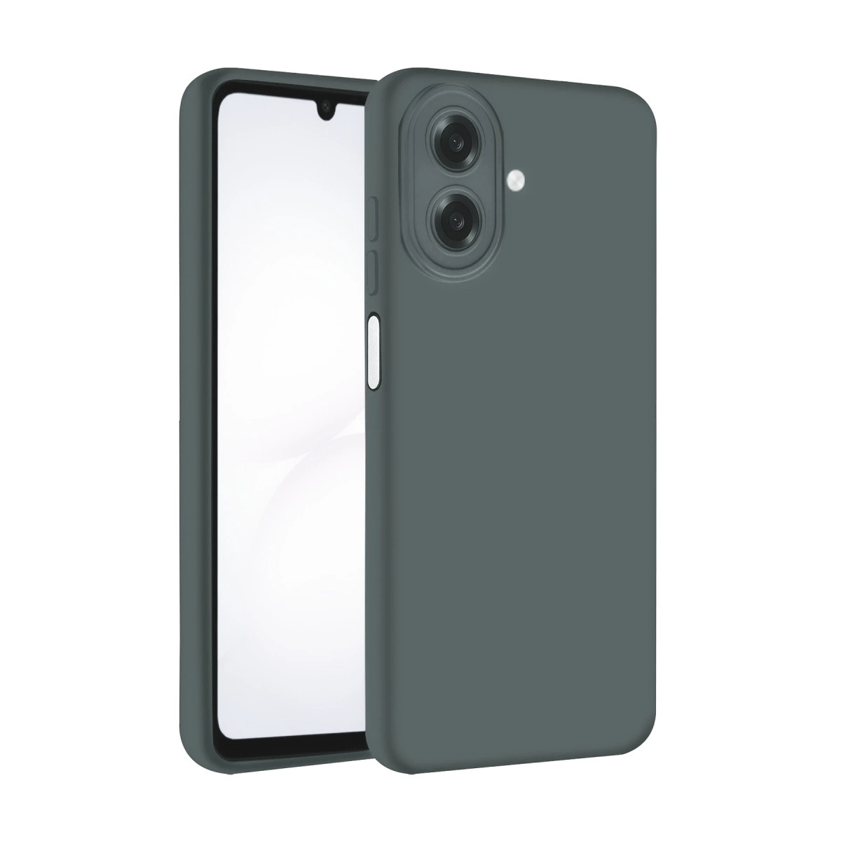 Beyaz arka plan üzerinde iki kamera ve flaşlı gri telefon kılıfı.