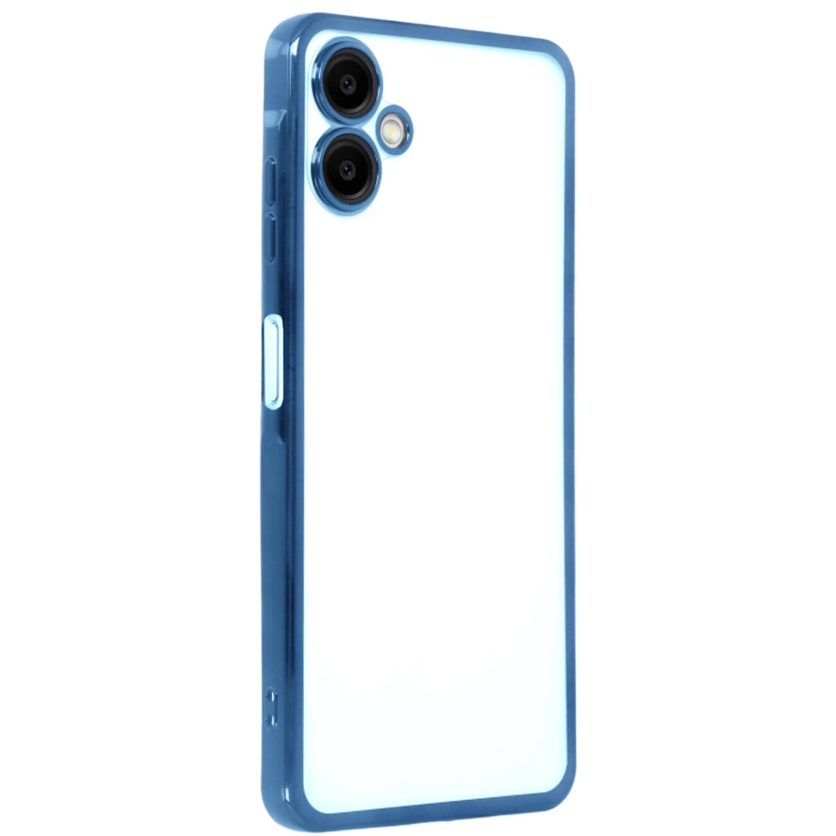 Beyaz arka plan üzerinde üç kamera lensli mavi telefon kılıfı.
