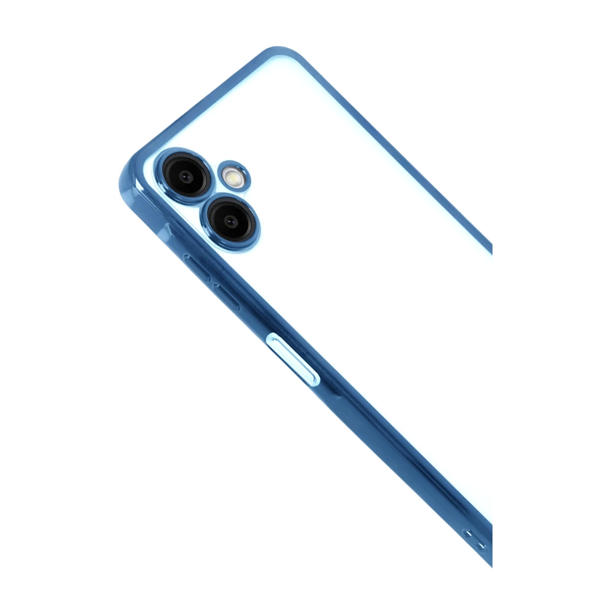 Beyaz arka plan üzerinde üçlü kameraya sahip mavi telefon kılıfı.