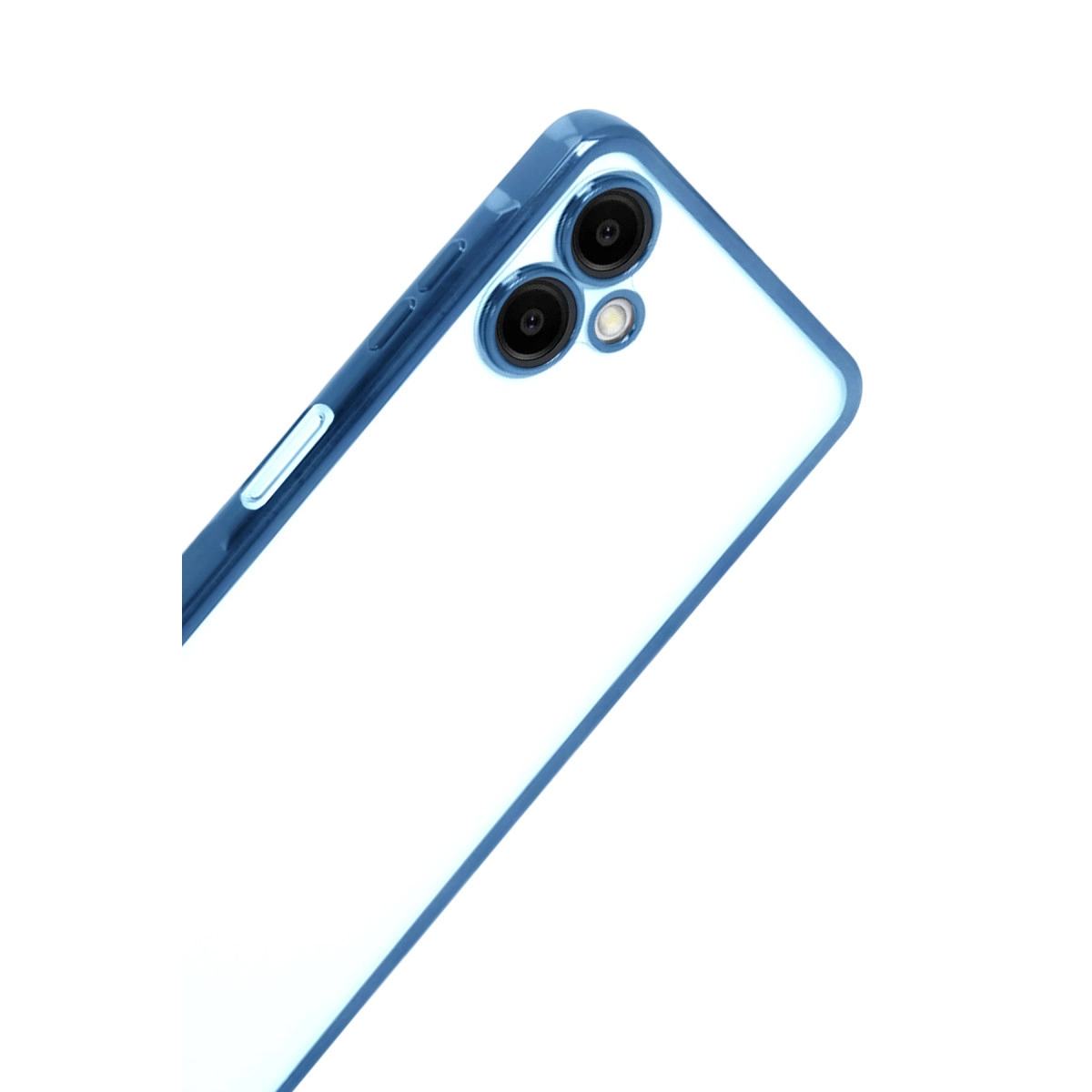 Beyaz arka plan üzerinde üç kamera lensli mavi telefon kılıfının yakın çekimi.