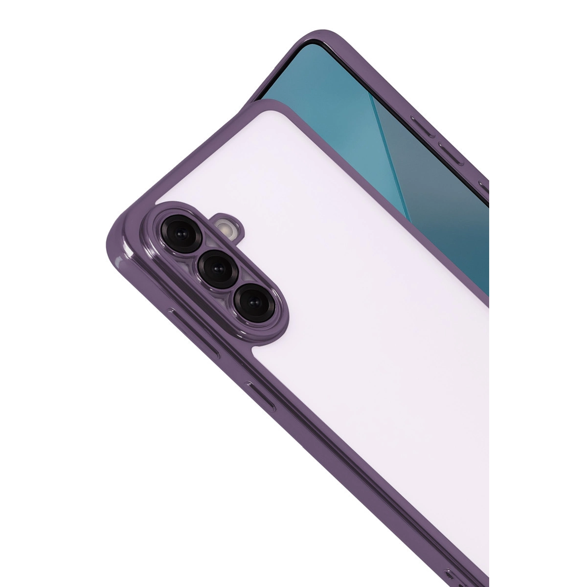 Üç kameralı mor telefon kılıfı, beyaz arka plan üzerinde beyaz arka yüz.