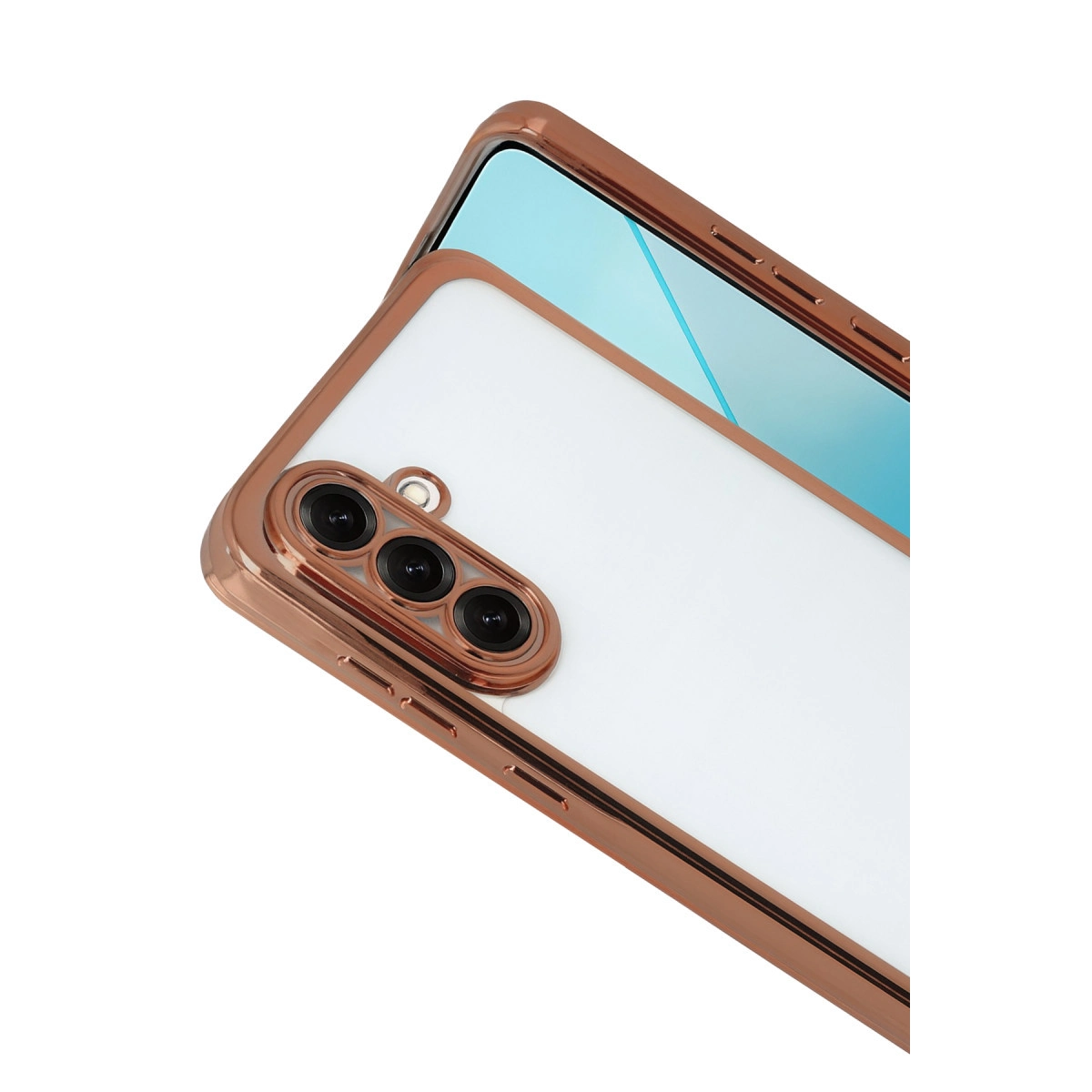 Üç kamera lensli ve bronz çerçeveli telefonun arkası.