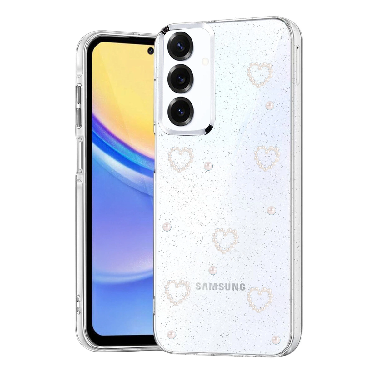 İncili kalp desenli şeffaf telefon kılıfı.