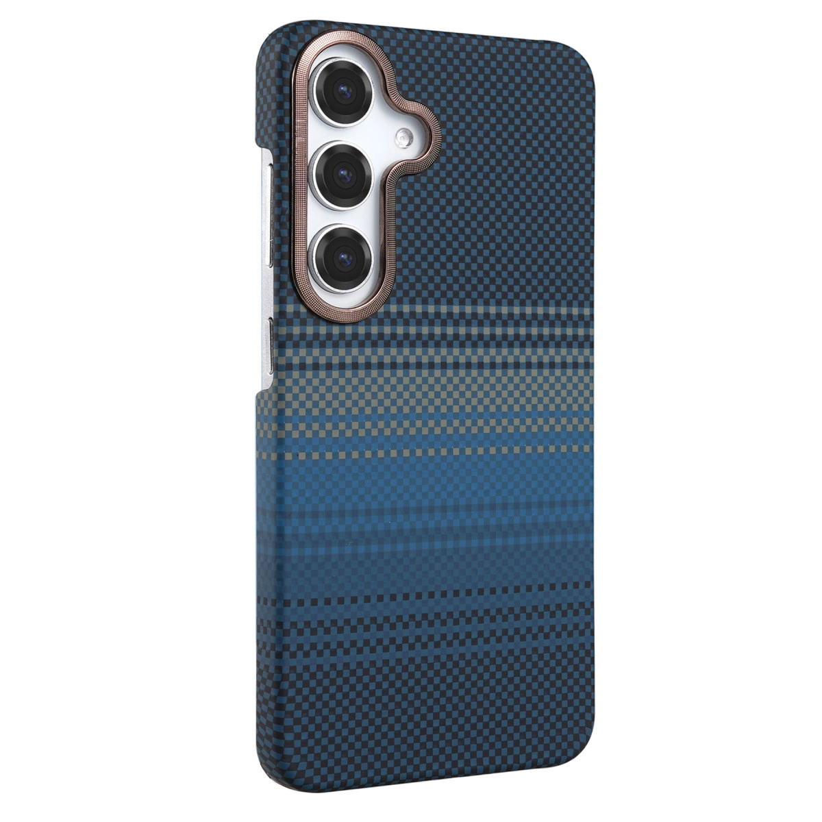 Kareli deseni ve üç kamera lensi olan lacivert telefon kılıfı.