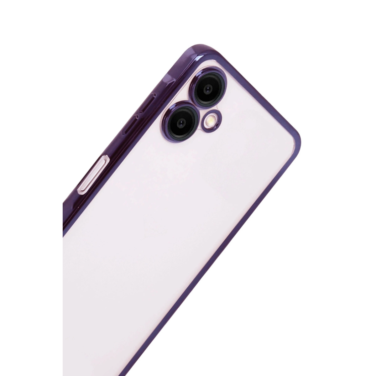 İki kamera lensli ve flaşlı mor telefon kılıfı.