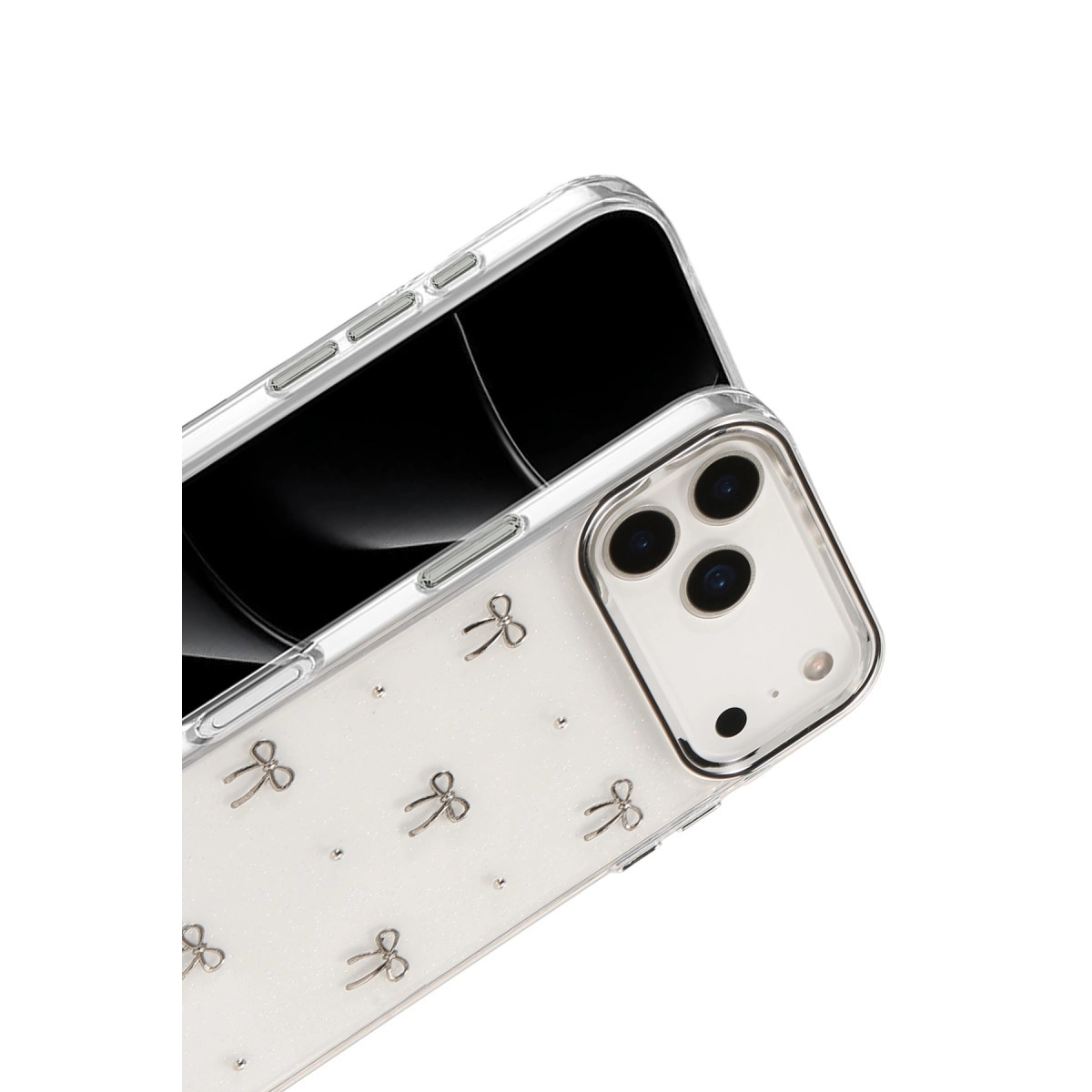 Kurdele desenli ve simli şeffaf telefon kılıfı.