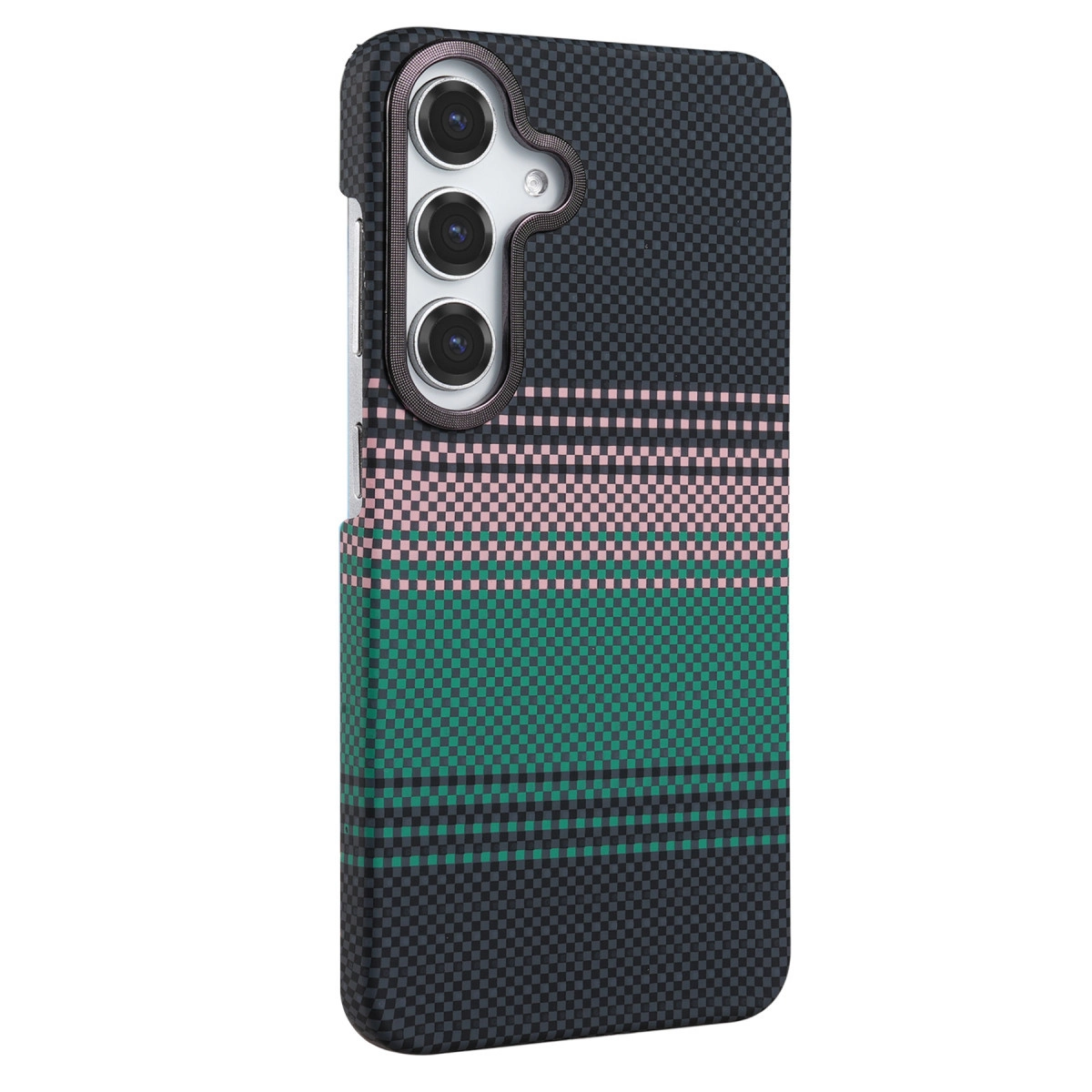 Siyah telefon kılıfı, pembe, yeşil ve gri çizgili kareli desene sahip.