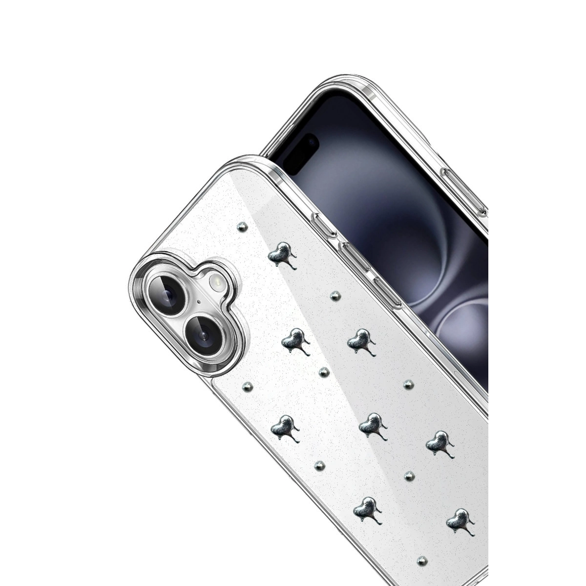 Telefonda kalp ve nokta desenli şeffaf telefon kılıfı.