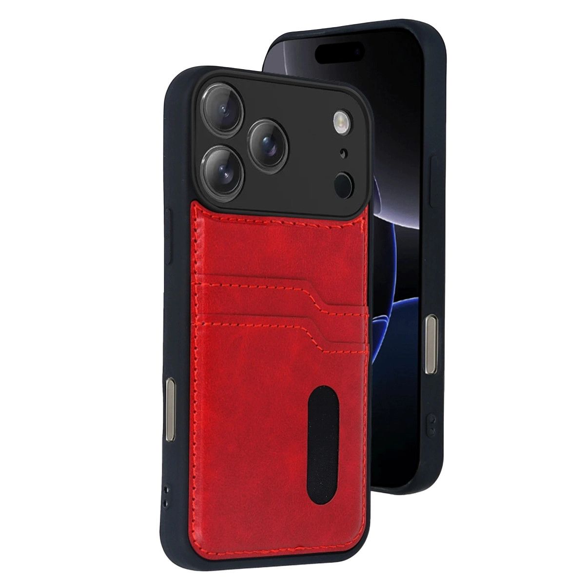 Arkada üç kamera gösteren kırmızı kart tutuculu siyah telefon kılıfı.