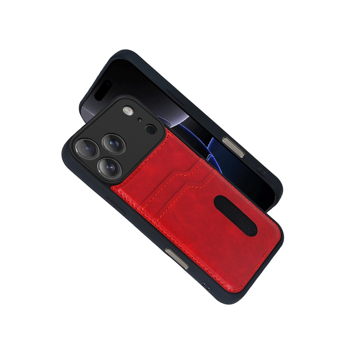 Siyah bir telefonda kart yuvalı kırmızı deri telefon kılıfı.