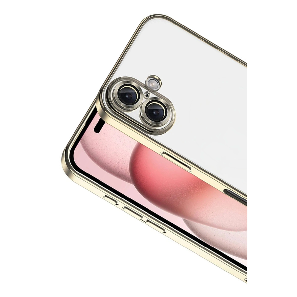 Altın çerçeveli, şeffaf arkalı, çift kameralı akıllı telefon.