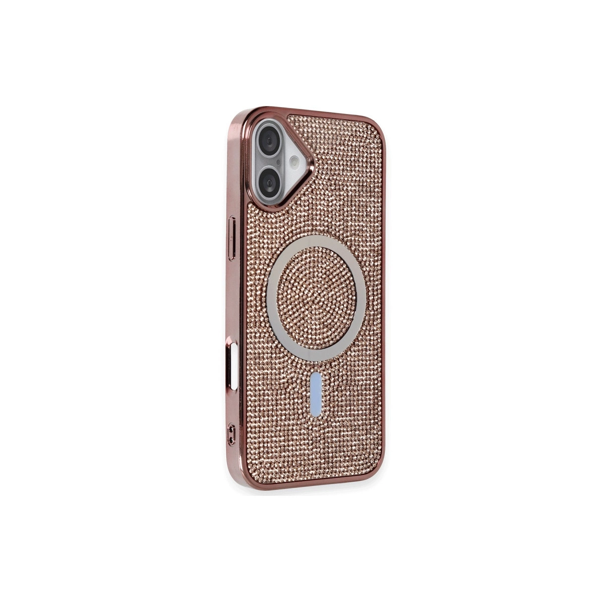 Taşlı, MagSafe halkalı, kamera kesimli rose gold iPhone kılıfı.