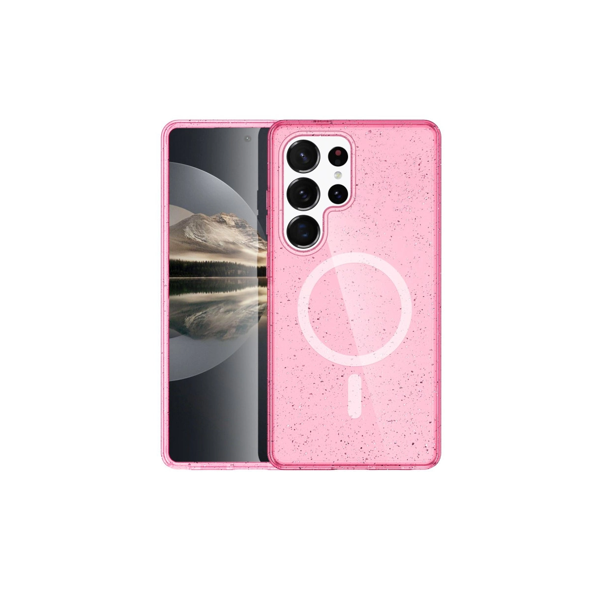Daire ve çizgi desenli pembe simli telefon kılıfı.