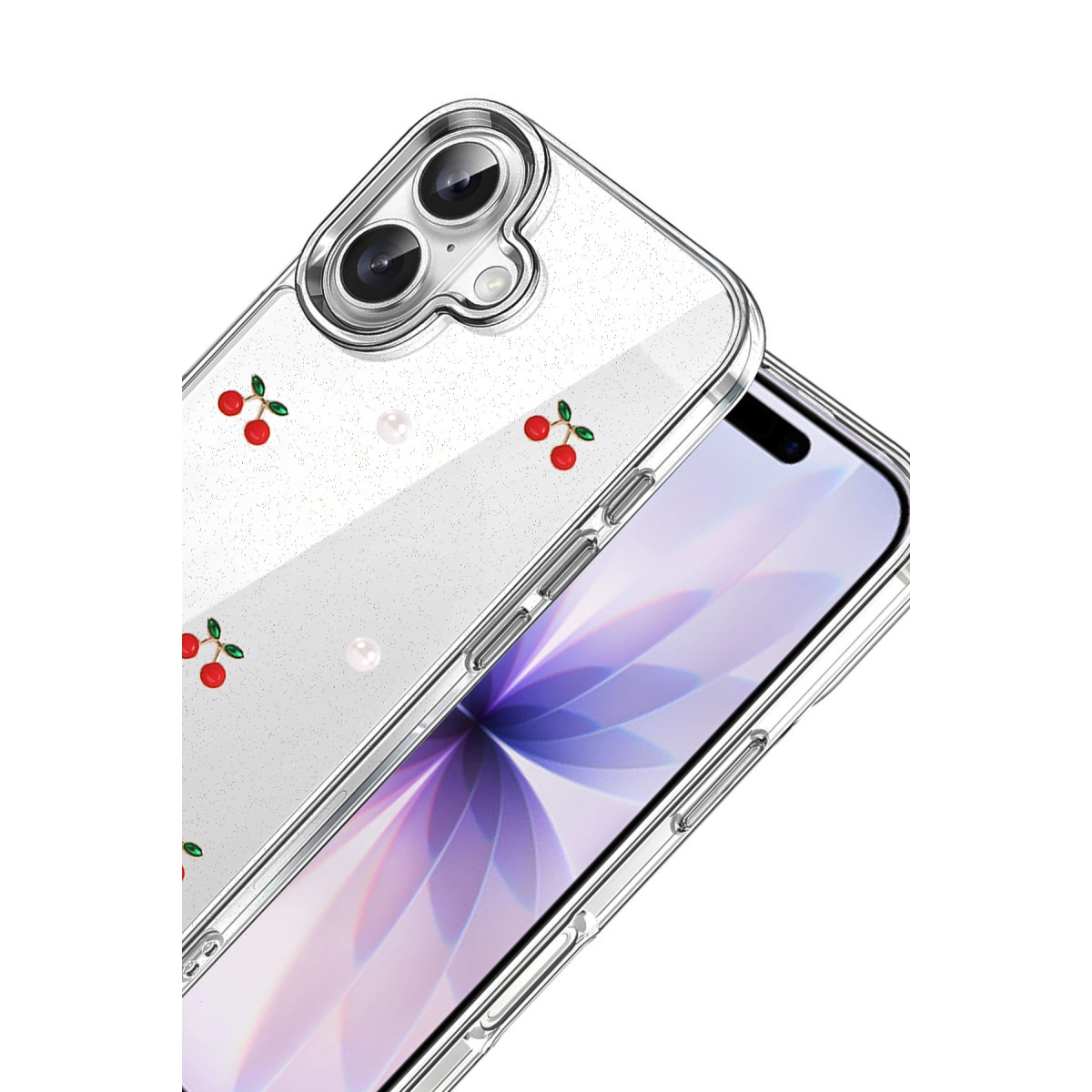 Akıllı telefon üzerinde kiraz ve inci desenli şeffaf kılıf.