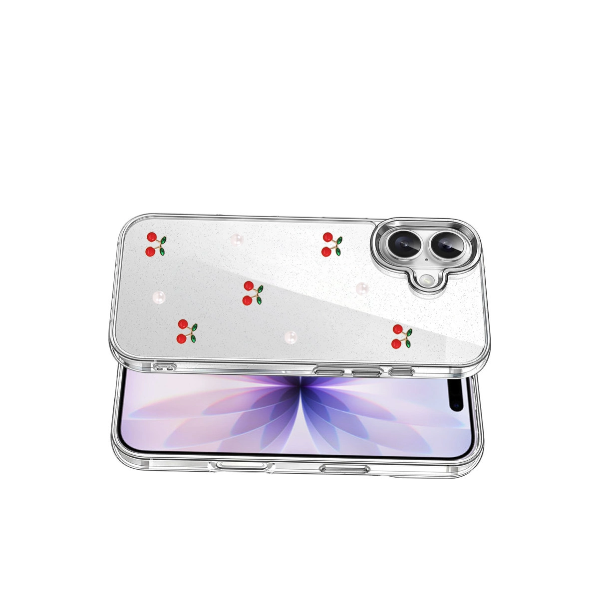 Kiraz ve incili şeffaf telefon kılıfı.