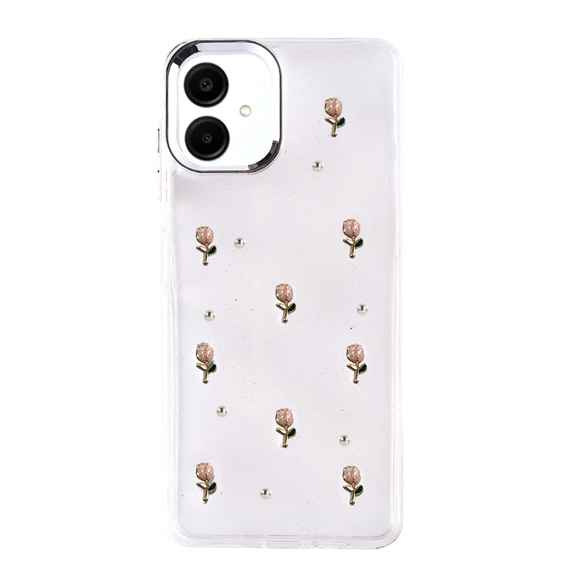 Küçük pembe güller ve incilerle şeffaf telefon kılıfı.