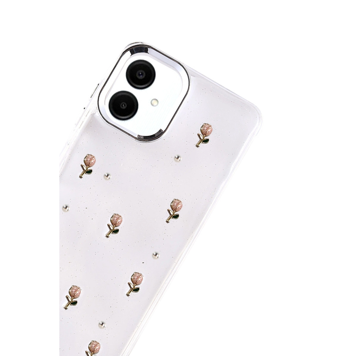 Küçük güller ve inci detaylarla süslenmiş şeffaf telefon kılıfı.