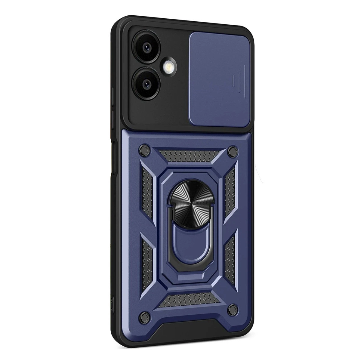 Kamera kapaklı ve halka tutuculu lacivert telefon kılıfı.