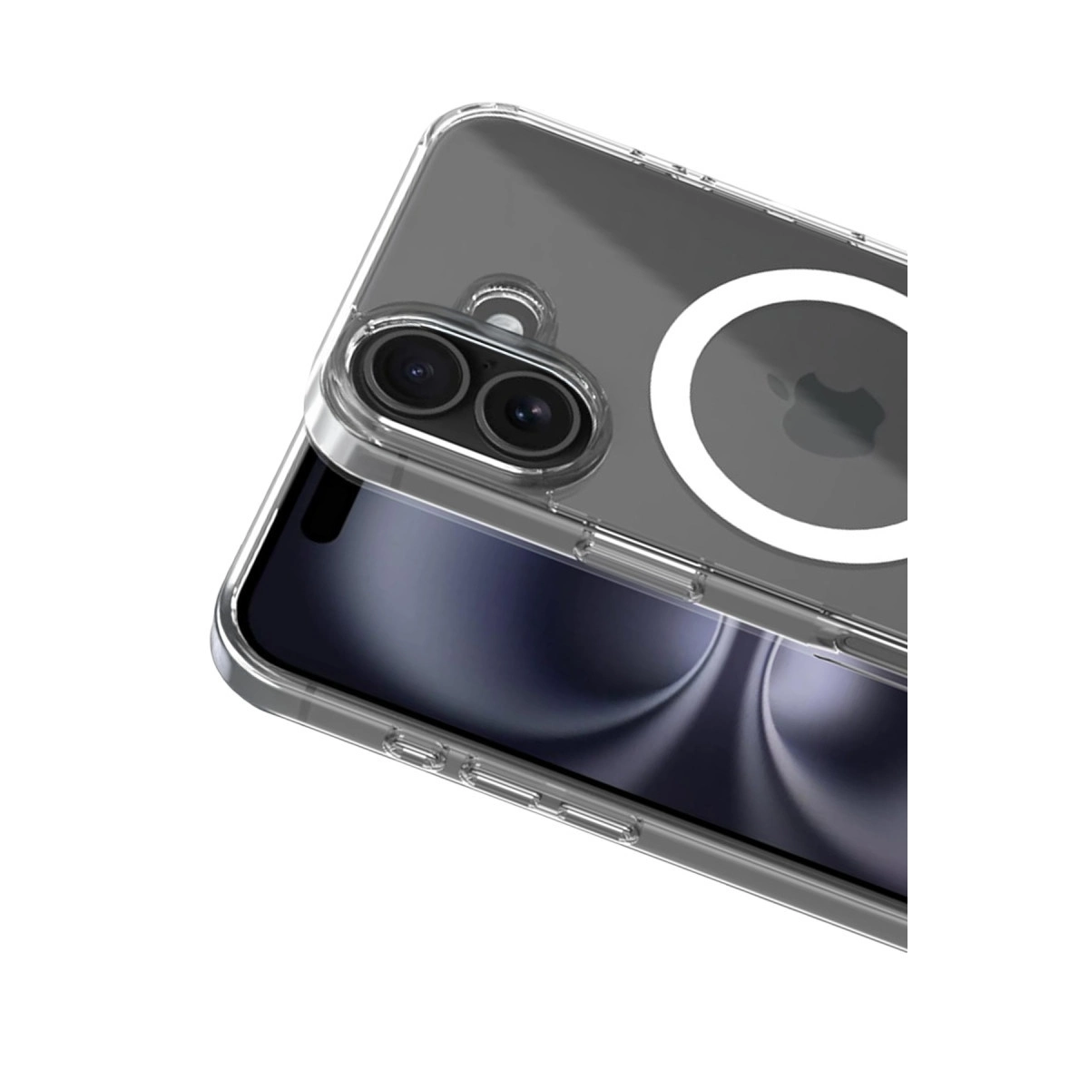 Apple logosu ve iPhone kameraları için şeffaf kılıf.