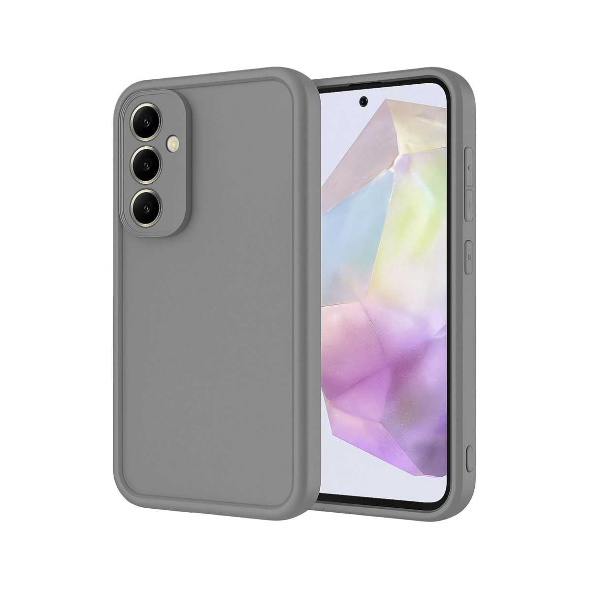 Üç arka kameraya sahip gri telefon kılıfı ve renkli arka plana sahip akıllı telefon.