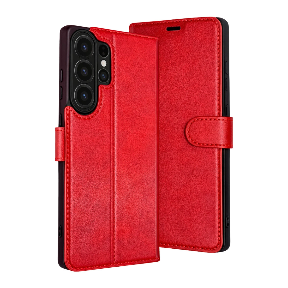 Kart yuvalı ve kamera korumalı kırmızı deri kapaklı telefon kılıfı.