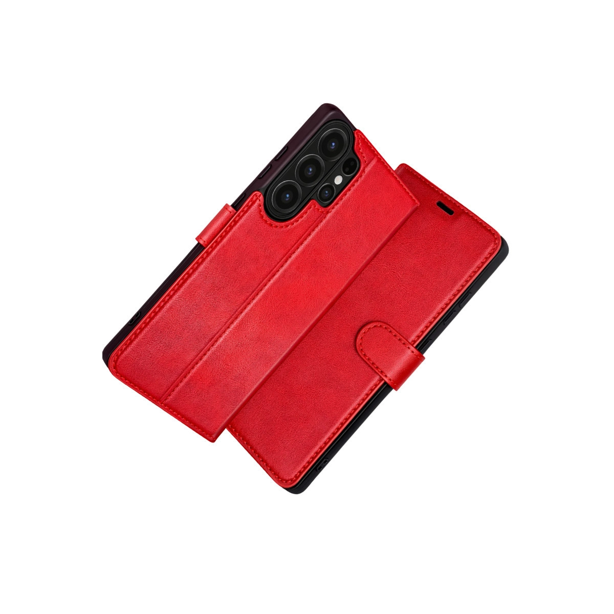 Kamera kesimli ve kapaklı kırmızı telefon kılıfı.