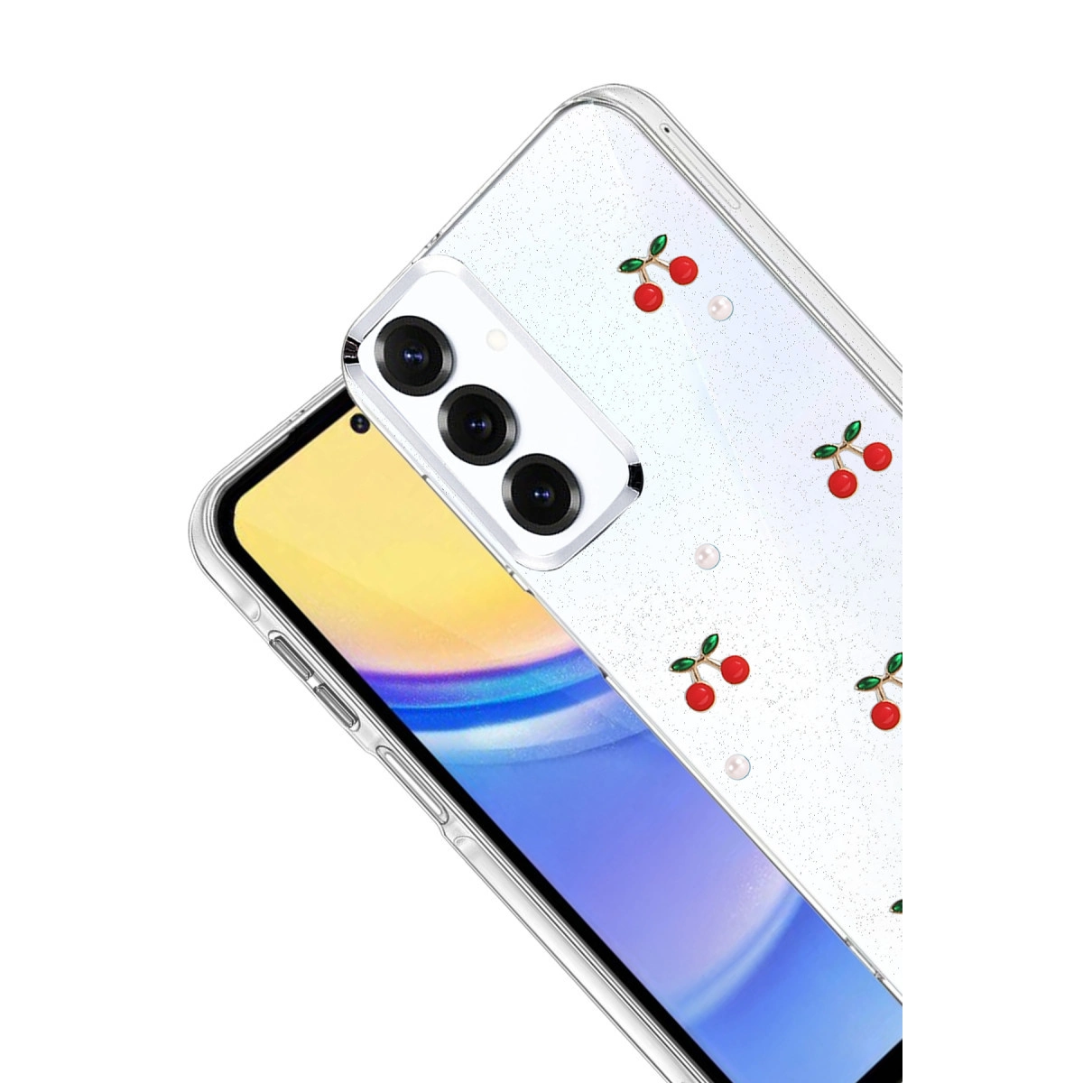 Kırmızı kiraz ve inci detaylı şeffaf telefon kılıfı.
