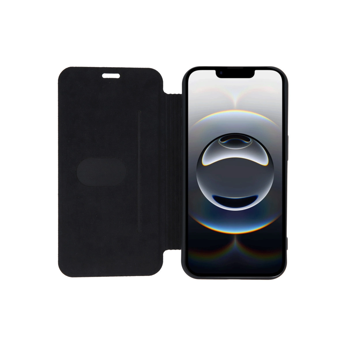 Açık kapaklı siyah iPhone. Ekranda daireli soyut bir görüntü var.