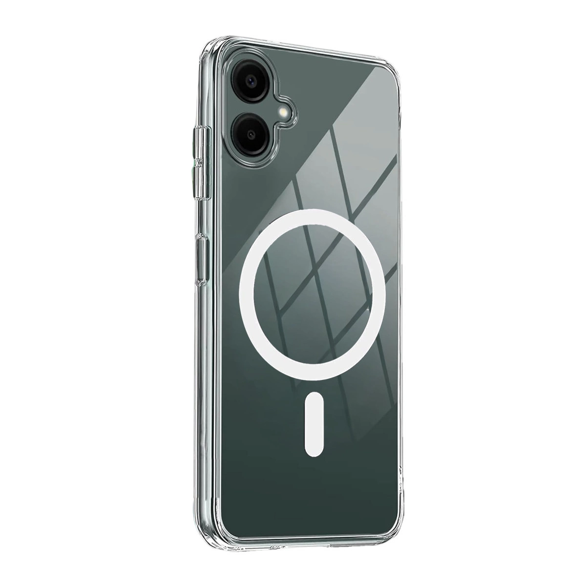 Çift kameralı şeffaf telefon kılıfı, beyaz daire ve çizgi.