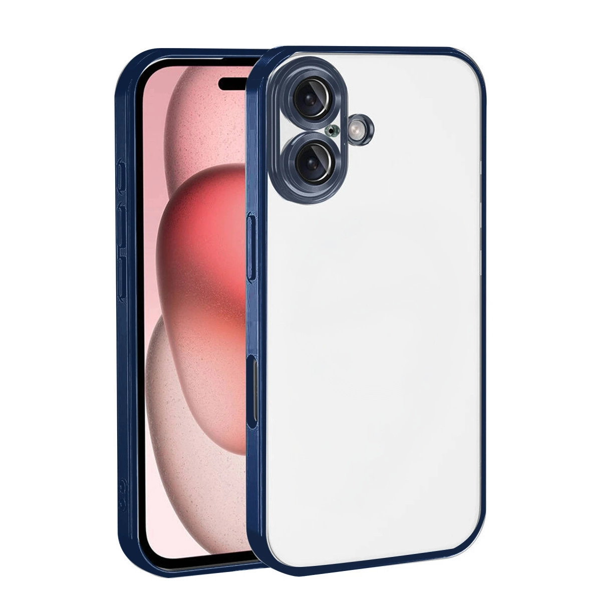 Koyu mavi kenarlı ve kamera kesimli şeffaf telefon kılıfı.