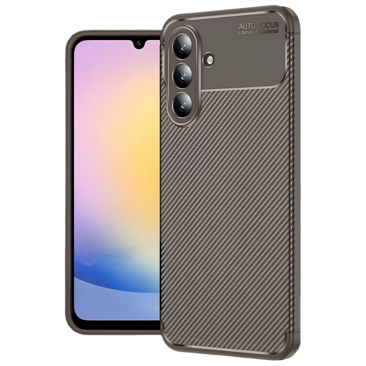 Karbon desenli kılıflı, üç kameralı koyu gri telefon.