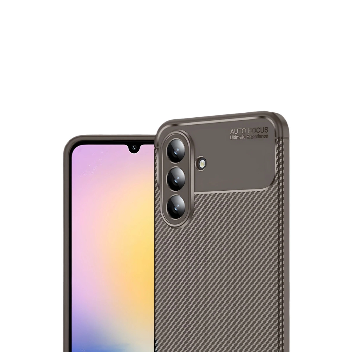 Üç kameralı ve dokulu arka kapaklı koyu renkli telefon.