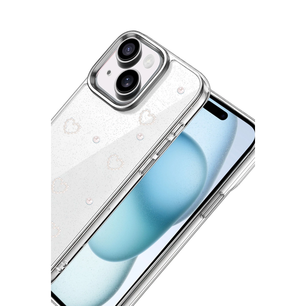 Kalpler ve incilerle şeffaf telefon kılıfı.