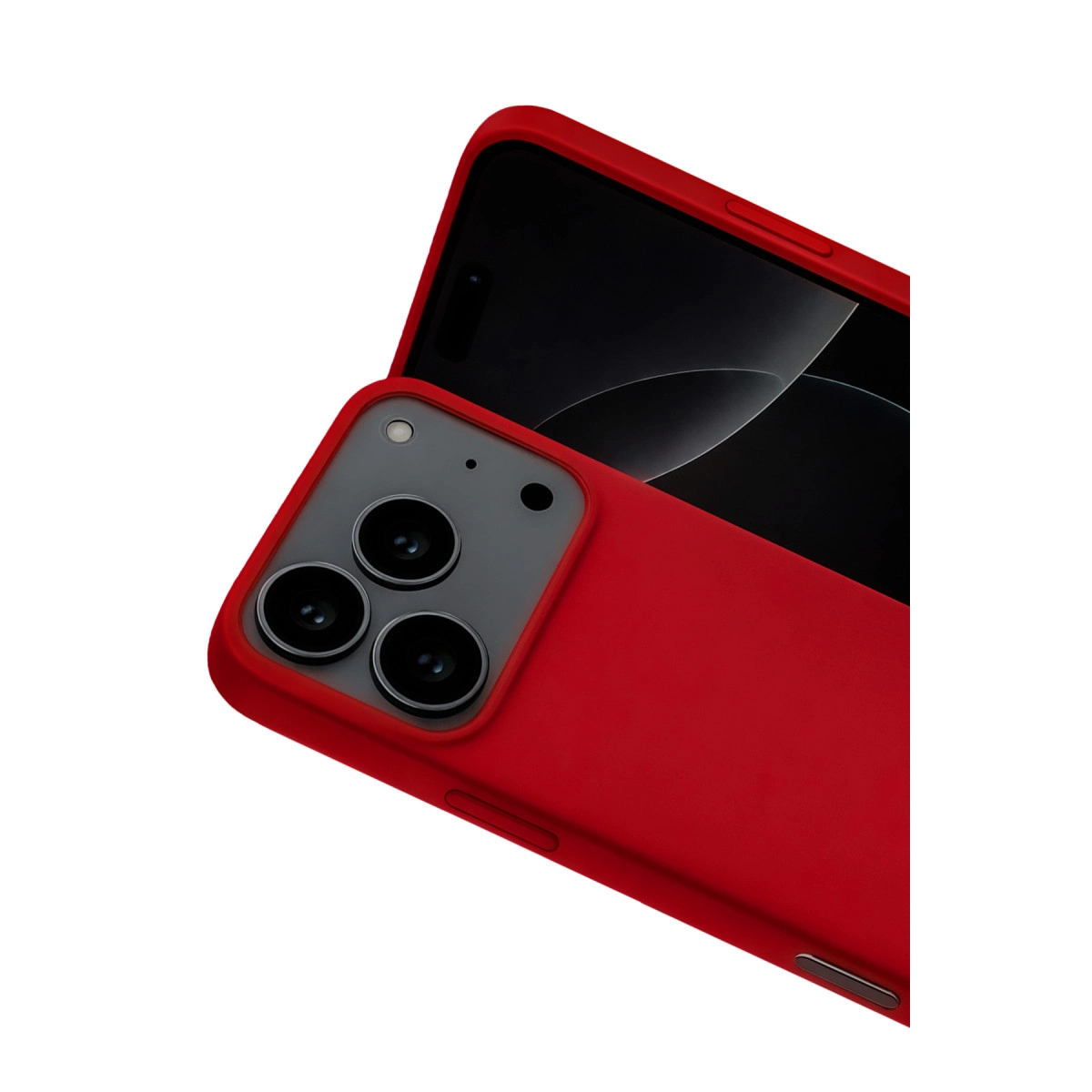 Üç kameralı kırmızı iPhone ve siyah ekran, yakın çekim.
