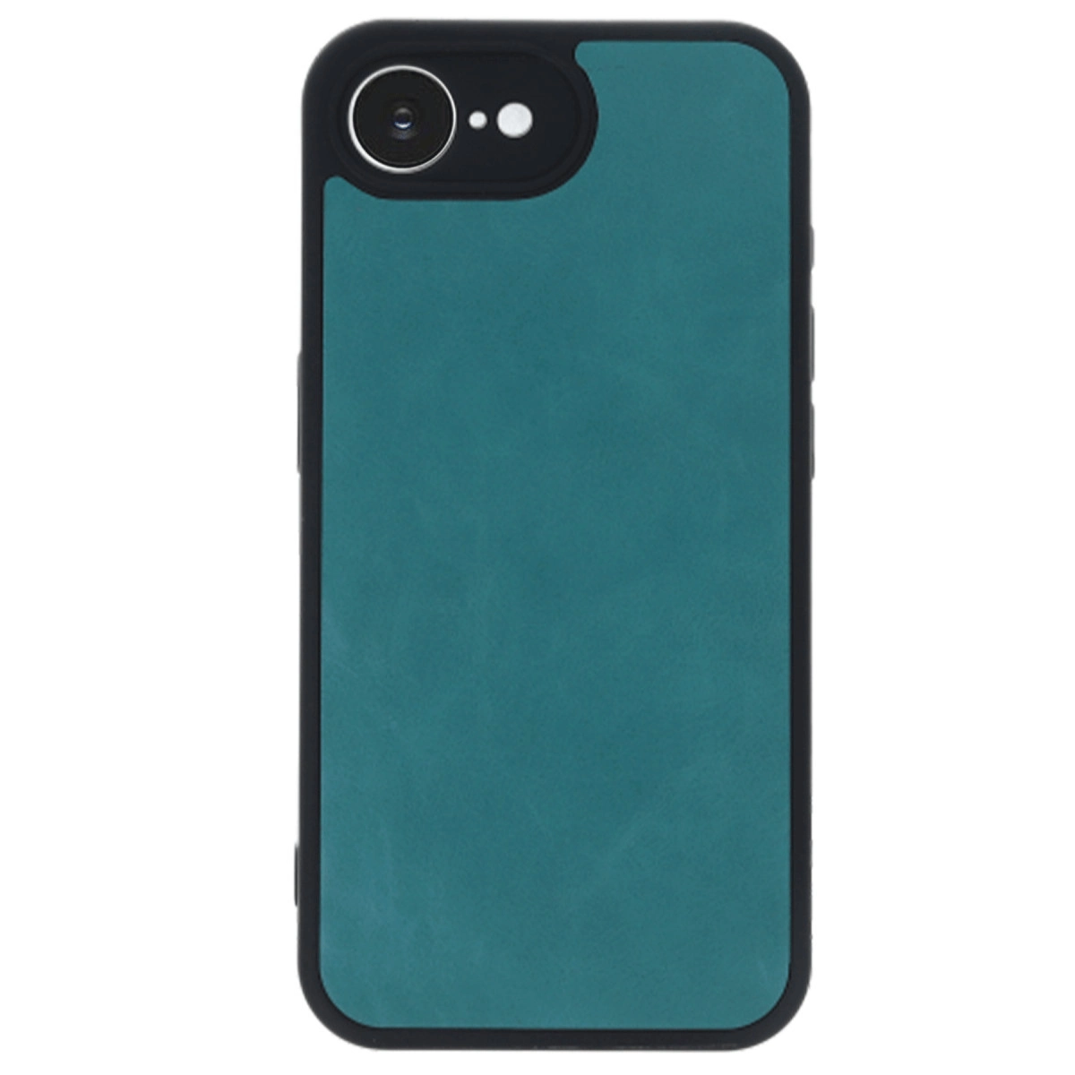 Siyah çerçeveli ve kamera modüllü, teal rengi telefon kılıfının arkası.