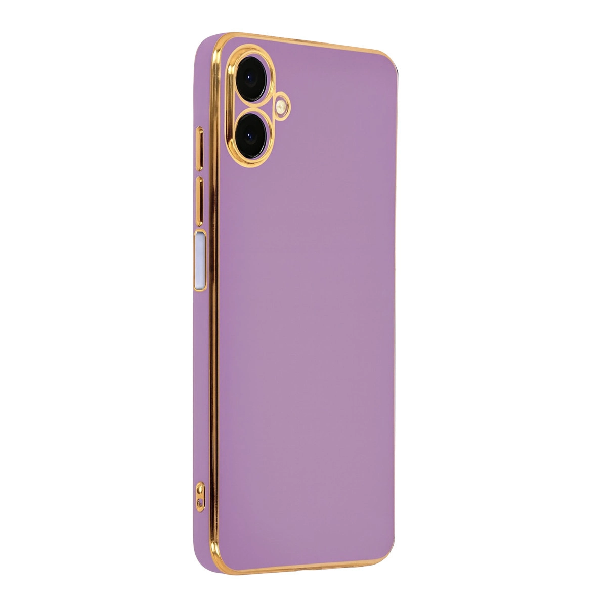 Altın kenarlı ve kamera kesimli mor telefon kılıfı.
