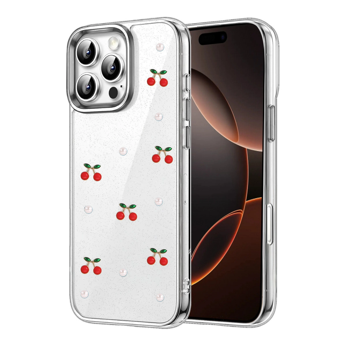 Kiraz ve inci desenli şeffaf telefon kılıfı.