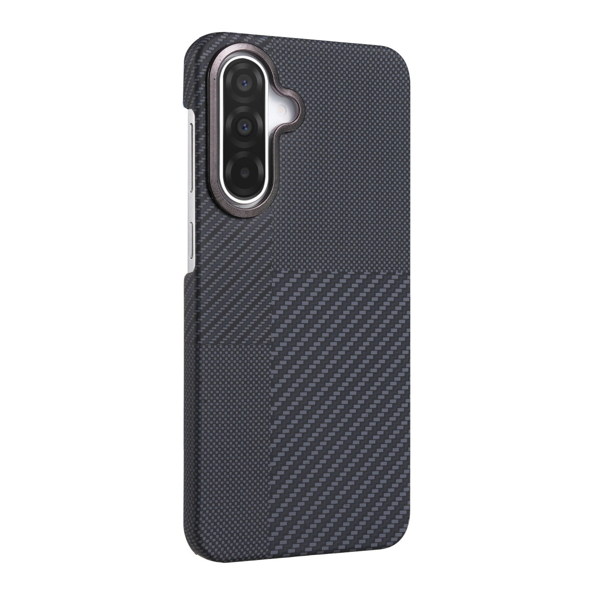 Karbon fiber desenli ve kamera adacıklı koyu gri telefon kılıfı.