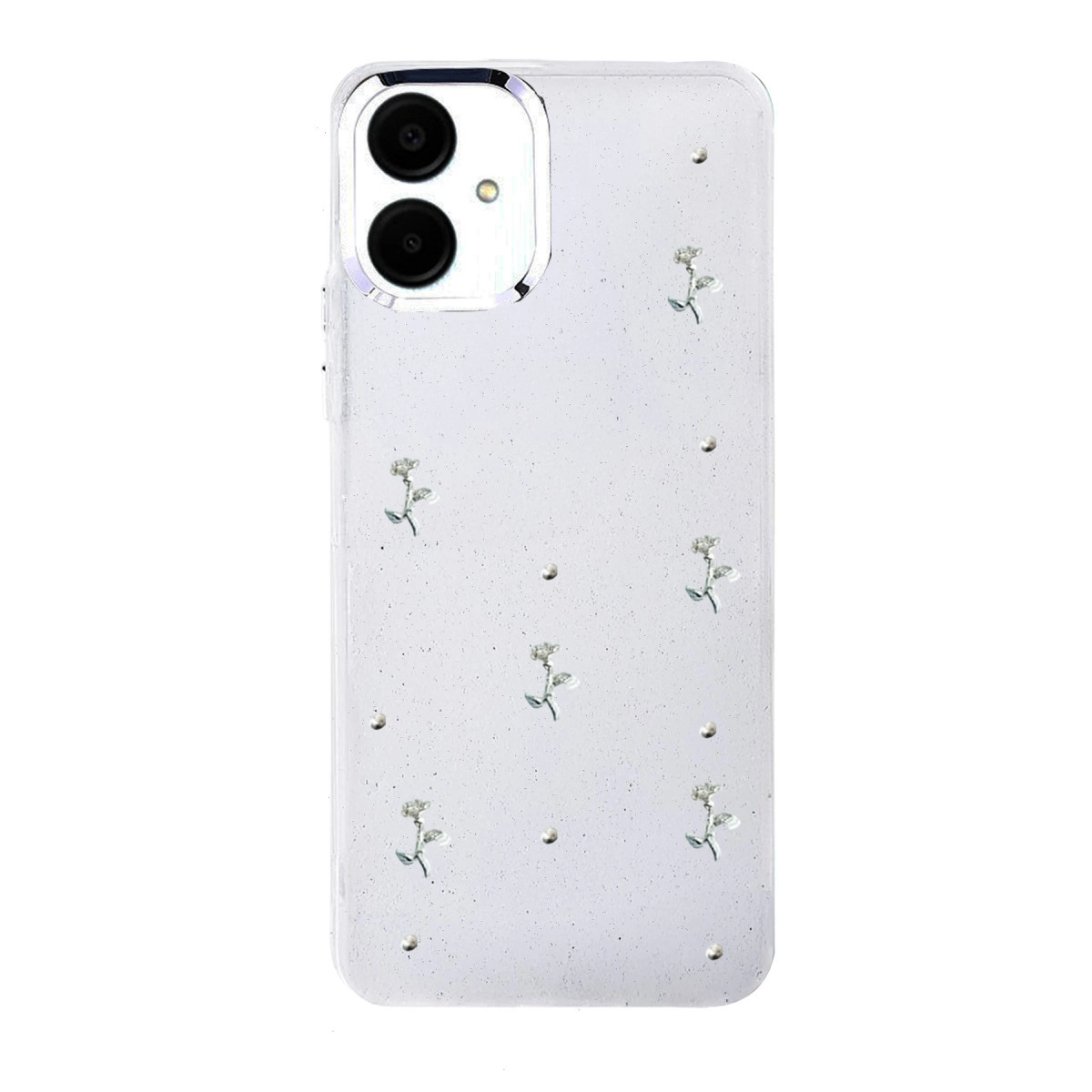 Küçük çiçekli ve simli şeffaf telefon kılıfı.