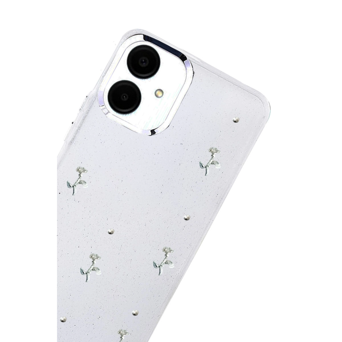 Çiçek desenli ve sim detaylı şeffaf telefon kılıfı.