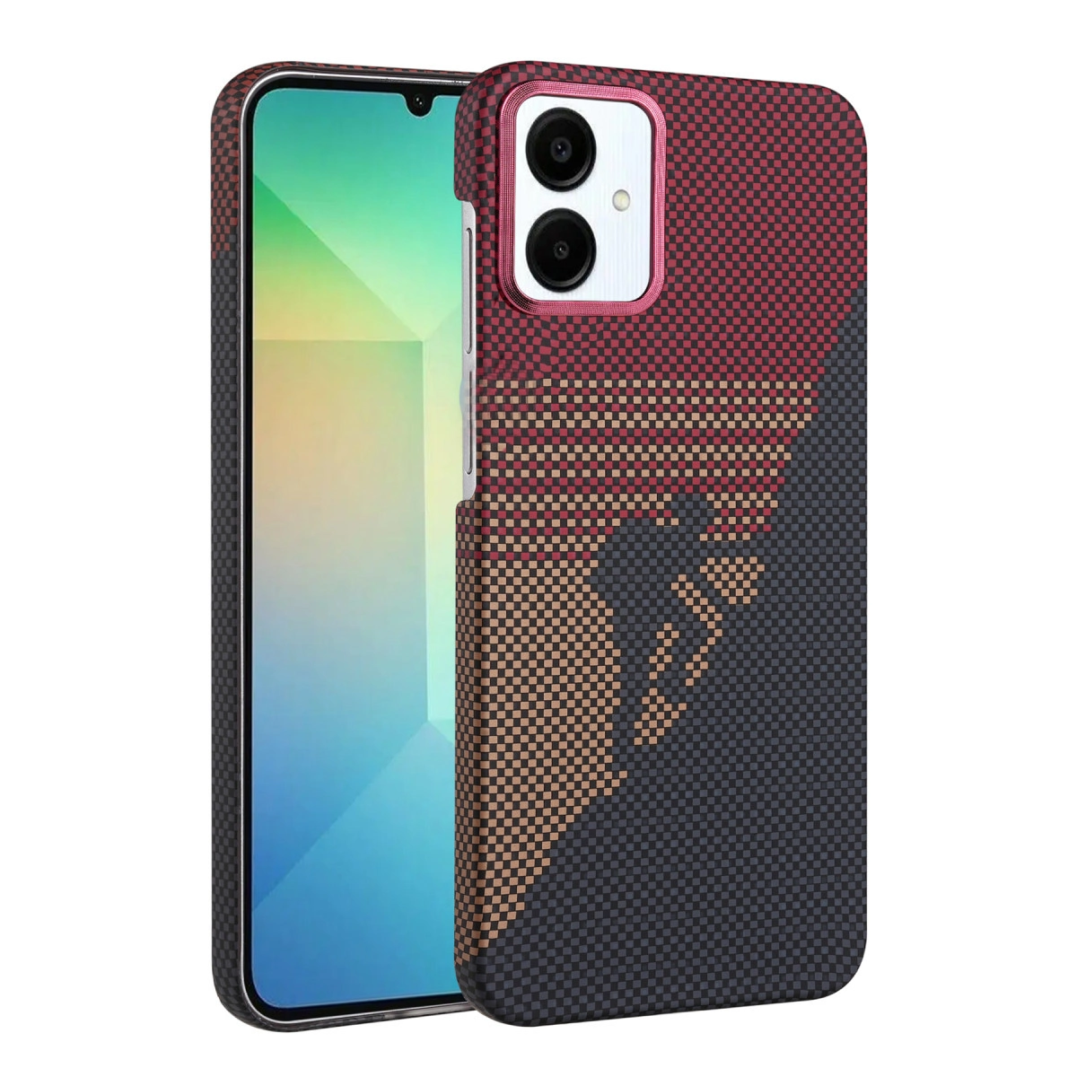 Kareli desenli ve tırmanıcı silüetli siyah telefon kılıfı.