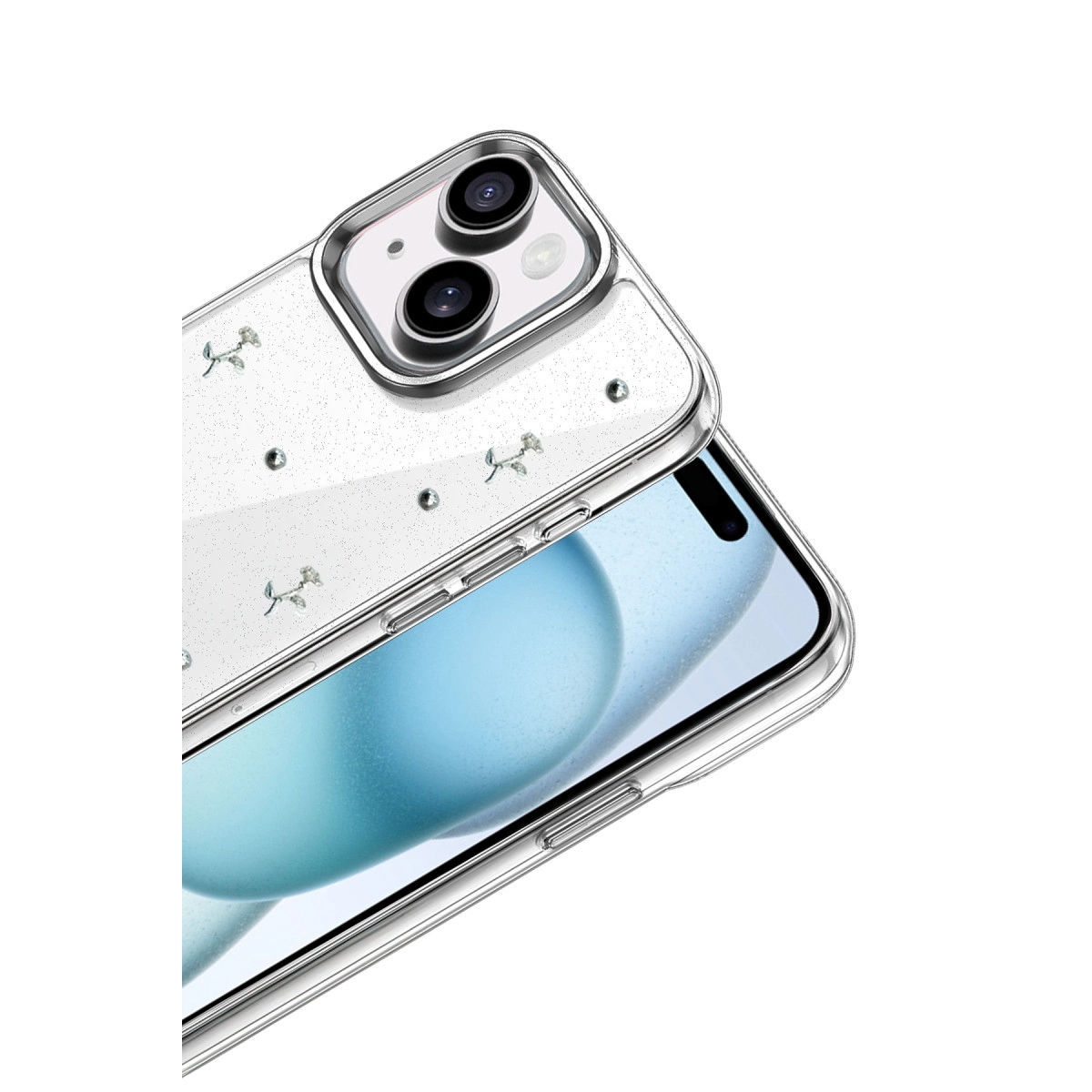 Beyaz arka plan üzerinde küçük çiçek desenli ve simli şeffaf telefon kılıfı.